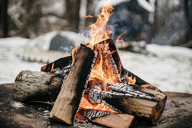 Warm Campfire Burning in Snowy Outdoor Winter Setting