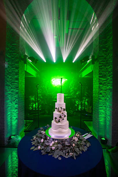Newlywed couple laughing joyfully while cutting their wedding cake together under twinkling string lights during a beautiful outdoor reception at night, celebrating their love and togetherness