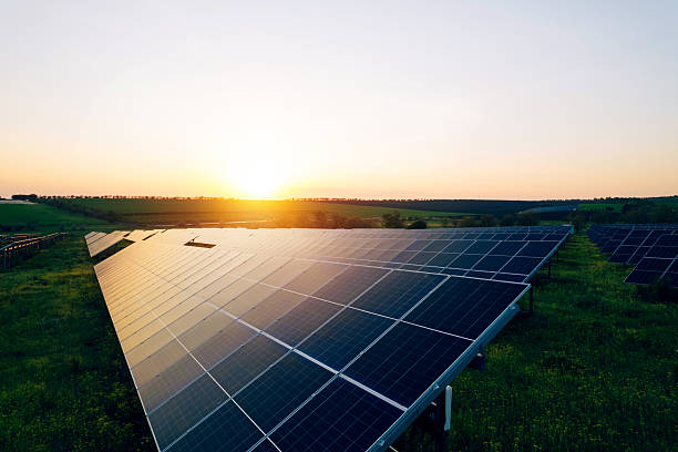istock Alternative power source to saving environment.Solar panels park generating green energy electric at sunset.Green energy reduce carbon emissions and makes earth cleaner and more ecological. 2212867047