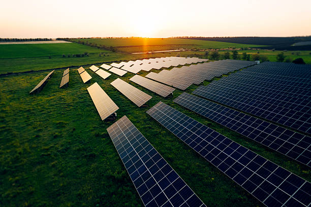 istock Alternative power source to saving environment.Solar panels park generating green energy electric at sunset.Green energy reduce carbon emissions and makes earth cleaner and more ecological. 2212867067