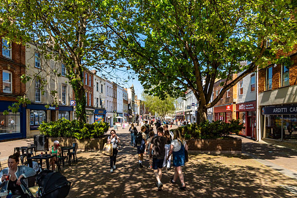 Taunton, UK. 29 April 2025. Shoppers in Taunton town centre