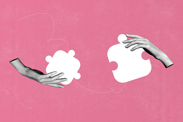 istock Trendy art creative vertical photo collage of hands hold puzzle element match connection business people colleagues idea jigsaw 2212875449