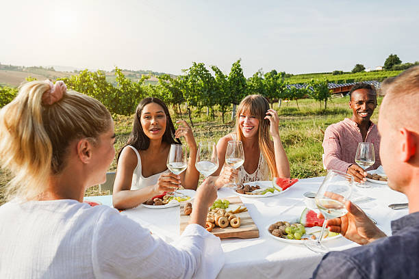 istock Happy friends having fun drinking white wine and eating together - Multiracial people doing party at summer time in countryside resort with vineyard in background 2212875453