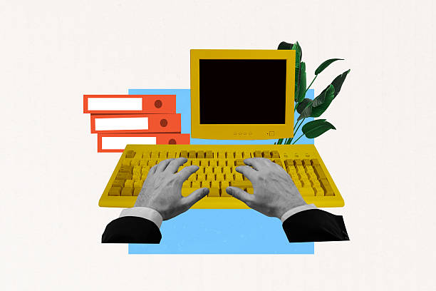 istock Contemporary artwork collage of hands type wireless keyboard pc monitor screen programming office worker flower pot planner 2212875553