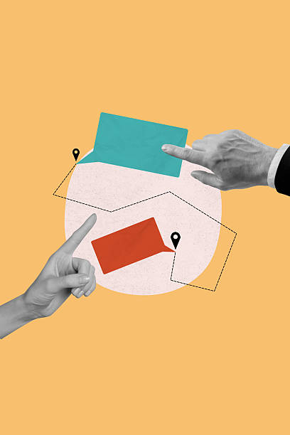 istock Creative image collage of two hands finger demonstrate speech bubble on orange background 2212876359