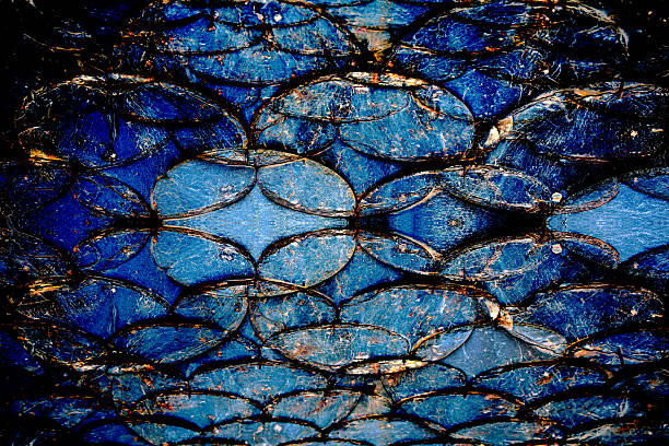 a visually immersive piece created by blending mirrored photographs of a traditional slate (pizarra) roof. The composition emphasizes the natural textures, chips, and layering of the material, while the mirrored symmetry introduces a sense of harmony and abstraction. Dominated by deep blues and weathered metallic tones, the image transforms a familiar architectural detail into an almost organic, scale-like pattern that invites close inspection.