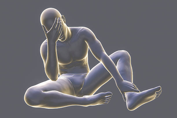 Male body in unhappy frustrated pose, conceptual computer illustration. Concept of painful feelings in body, bad feeling, frustration, depression, loneliness, headache, stress. Upset person with broken heart or disease.