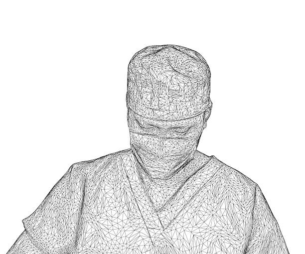 A man in a white lab coat with a stethoscope on his head. The image is a stylized drawing of a doctor
