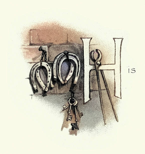 Capital letter H, His, Blacksmith, Farriers, tools, Horseshoe, Keys, pliers, Victorian 19th Century