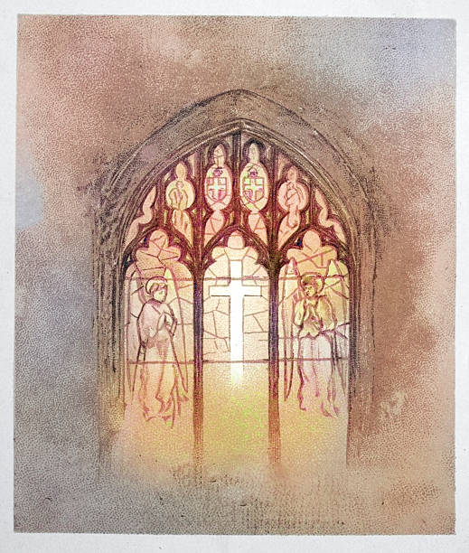 Stained glass window with cross and angels, Christianity, Art, Victorian, 19th Century