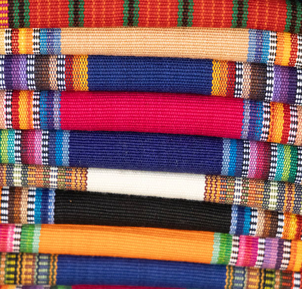 Bright, linear full frame abstract of stacked fabric. Panajachel, Lake Atitlan, Guatemalan Highlands.  Part of a series.