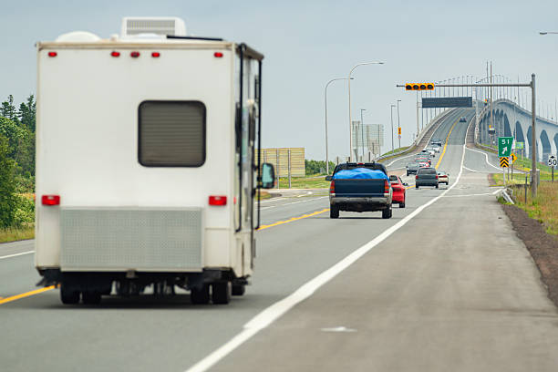 A motorhome nears the Confederation bridge which links Prince Edward Island to New Brunswick.