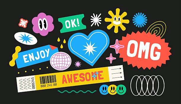 illustrations, cliparts, dessins animés et icônes de autocollants vectoriels élégants inspirés de l’an 200 emojis impressionnants, étiquettes, patchs pour des designs à la mode, parfaits pour les adolescents cool, affiches amusantes et image de marque - génération z