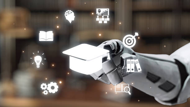 istock Futuristic robotic arm interacting with digital educational icons in a modern library setting, representing advanced technology and learning innovation. Auvana 2212917616