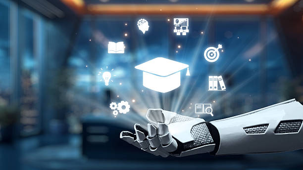 istock Futuristic robotic hand displaying floating educational icons in a modern office setting with glowing effects and a professional atmosphere. Auvana 2212917745