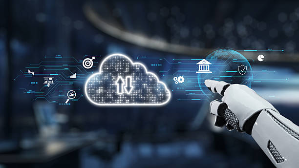 istock Futuristic robotic hand interacting with digital cloud technology and global data icons in a modern tech environment, illustrating innovation and connectivity. Auvana 2212918008
