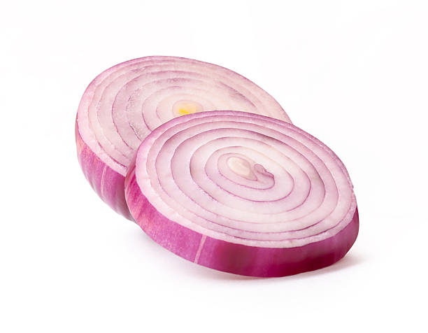 istock Two Spanish onion or red onion slices in stack isolated on white background with clipping path 2212918044