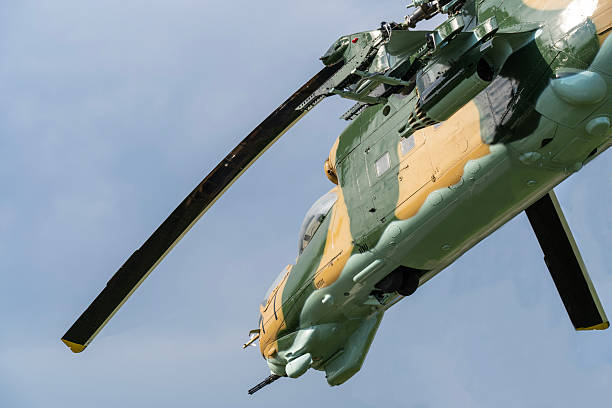 istock Camouflaged Soviet Mi-24 military attack helicopter in low flight 2212918362