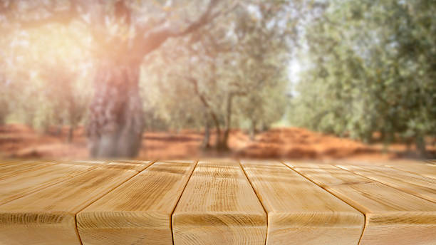 istock Wooden table top with copy space and blurred green parkland background. 2212918440