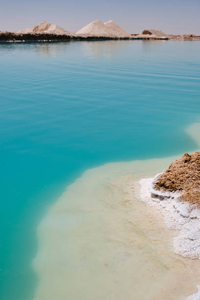 Salt lake with turquoise water and white salt on the shore. Siwa oasis, Western Desert, Egypt