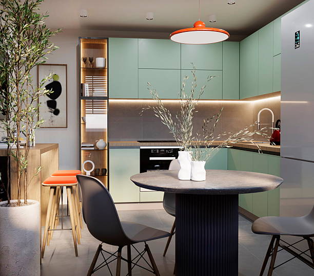 istock 3D render. Small cozy kitchen with a round table, display case, bar counter and TV. 2212947663