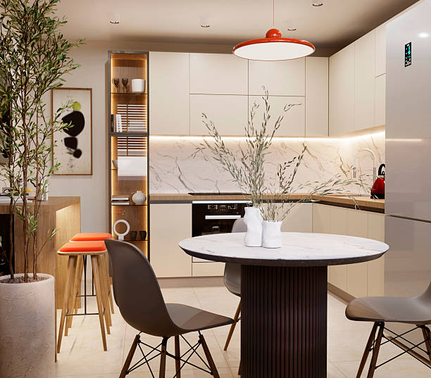istock 3D render. Small cozy kitchen with a round table, display case, bar counter and TV. 2212947665