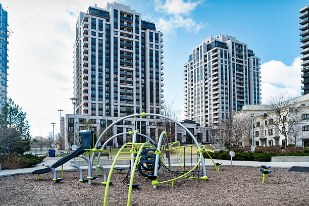 Playground in a residential district in Toronto, Canada on a cloudy day.