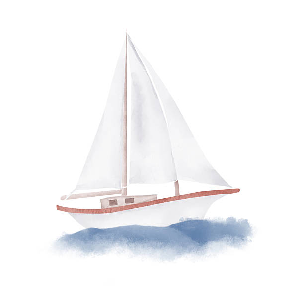 istock A boat with white sails and a red stripe on the side floats on the waves. Watercolor illustration. A small sailing yacht, a sea vessel for recreation and travel, isolated on a white background. 2212964089