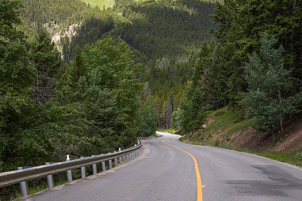 istock Scenic empty winding road along the forest in Banff National Park 2212968208