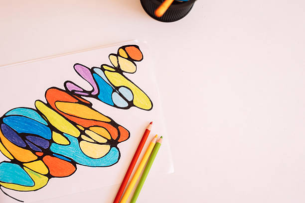 Neurographic drawing colored with colored pencils on white paper.