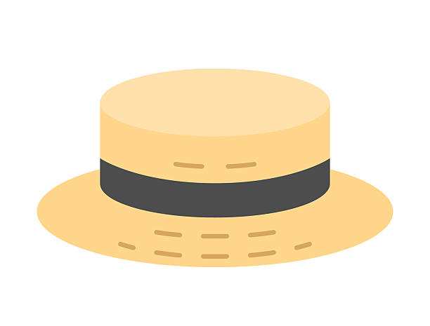An illustration of a straw hat with a black ribbon.