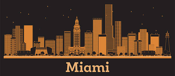 illustrazioni stock, clip art, cartoni animati e icone di tendenza di delinea lo skyline della città di miami in florida con edifici arancioni. viaggi d'affari e concept con architettura moderna. paesaggio urbano di miami con punti di riferimento. - miami
