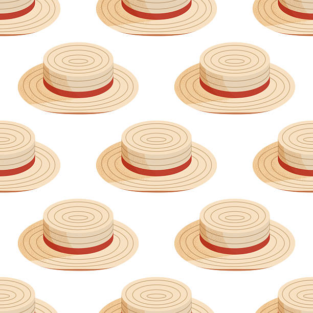 Seamless pattern with isometric boater hats with red ribbon. Vector illustration. Summer headgear sun protector. Objects isolated on white background.