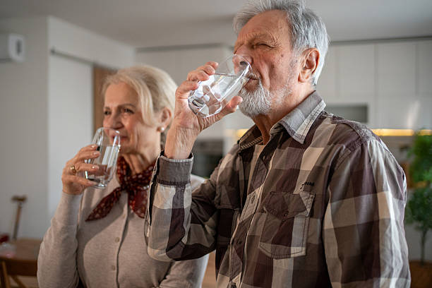 istock Senior couple drinking fresh water together at home 2212992816