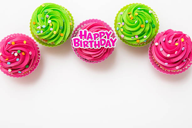 istock Colorful cupcakes with Happy Birthday message on white background 2212997279