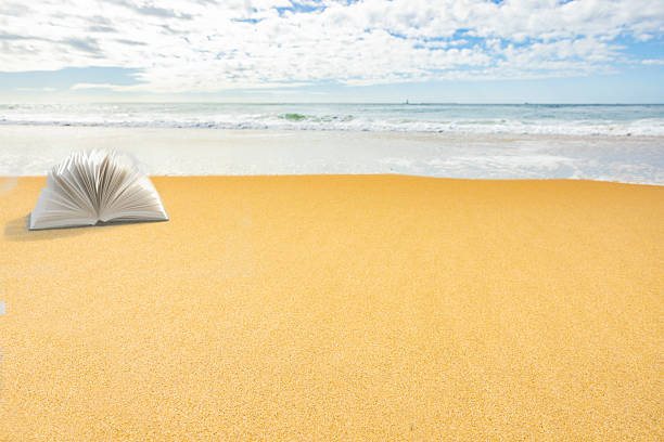 Book on the beach with the ocean in the background