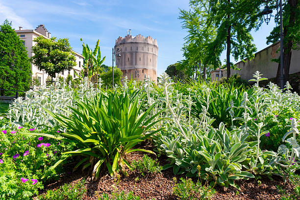 Scenic view tranquil public garden stone fountain, lush greenery, tropical plants wooden benches. Giardino della Rotonda Padua Italy