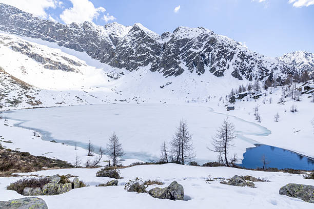 istock Snow-Covered Mountain Lake with Rocky Peaks 2213006787