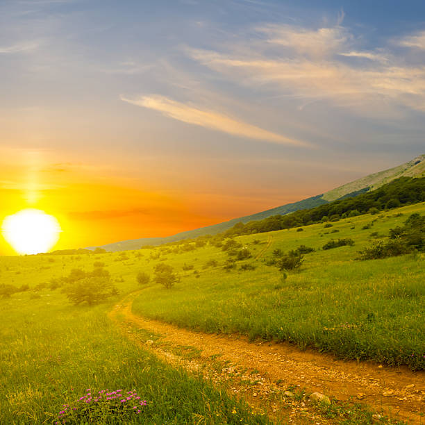 ground road among green mountain valley at the dramatic sunset