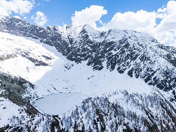 istock Snow-Covered Mountain Range and Frozen Alpine Lake 2213009015