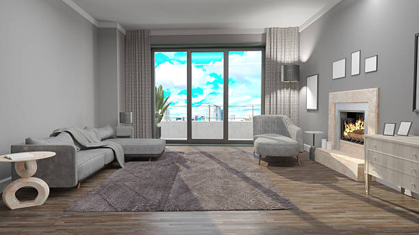 istock Cozy Modern Living Room Interior With Fireplace 2213009078