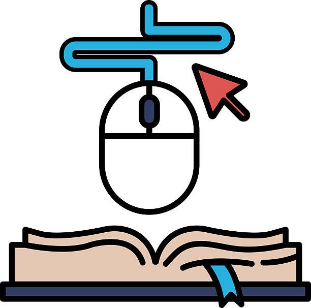 A mouse is hovering over an open book, with a red arrow pointing to the mouse A mouse is hovering over an open book, with a red arrow pointing to the mouse. Concept of using a computer mouse to navigate through a book, possibly for research or reading purposes laptop hover stock illustrations