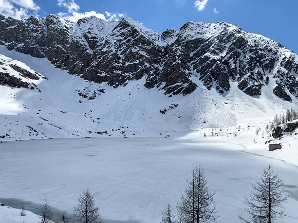 istock Snow-Covered Mountain Lake Landscape Under Clear Blue Sky 2213013783
