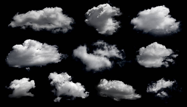 istock Clouds set isolated on black background. White cloudiness, mist or smog background. Design elements on the topic of the weather. White cloud collection. 2213015431