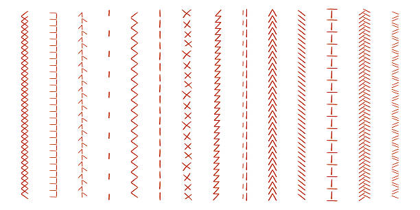 Stitch sewing machine, embroidery stitch border line zig zag hatch. Geometric fabric needlework, thread sew brushes, sewing seams. . Vector illustration
