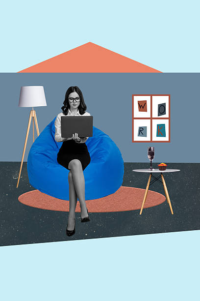 istock Creative design composite trend artwork collage of young lady sit beanbag work computer remote cocktail glass cake indoor workspace 2213026683
