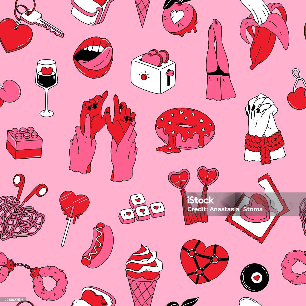 Intimate Pattern Hand Drawn Seamless Pattern With Romantic Stickers Stock Illustration ...