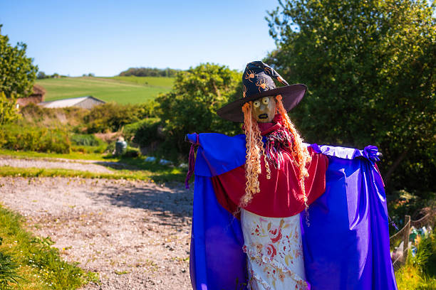 Halloween witch scarecrow with pumpkin head and hat autumn outdoor decoration. Yard decor and holiday ideas for party. Selective focus, copy space
