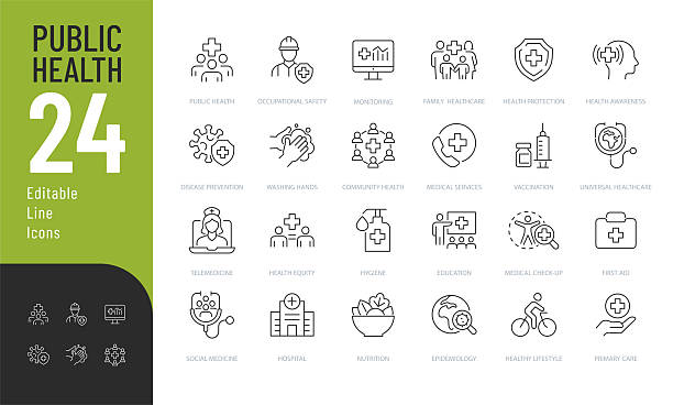 Public Health Line Editable Icons set. Vector illustration in modern thin line style of medicine related icons: preventive measures, healthy lifestyle, information awareness, and more. Isolated on transparent background. school cleaning stock illustrations