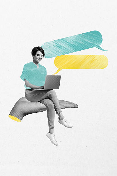 istock Trend artwork creative sketch photo collage of speech communication conversation discussion message young lady sit huge hand type computer 2213030464